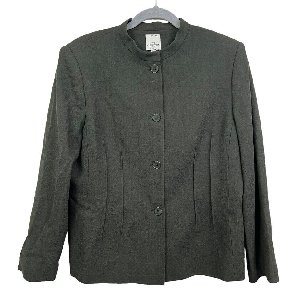 Anne Klein 2 Petite Wool Suit Blazer Collarless Lined Green Women Size 14*